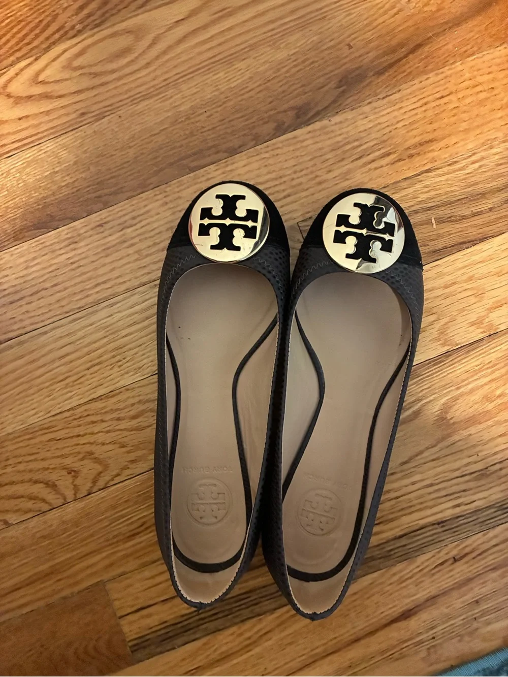 Tory Burch Black Ballet Flats with Gold Logo Accent